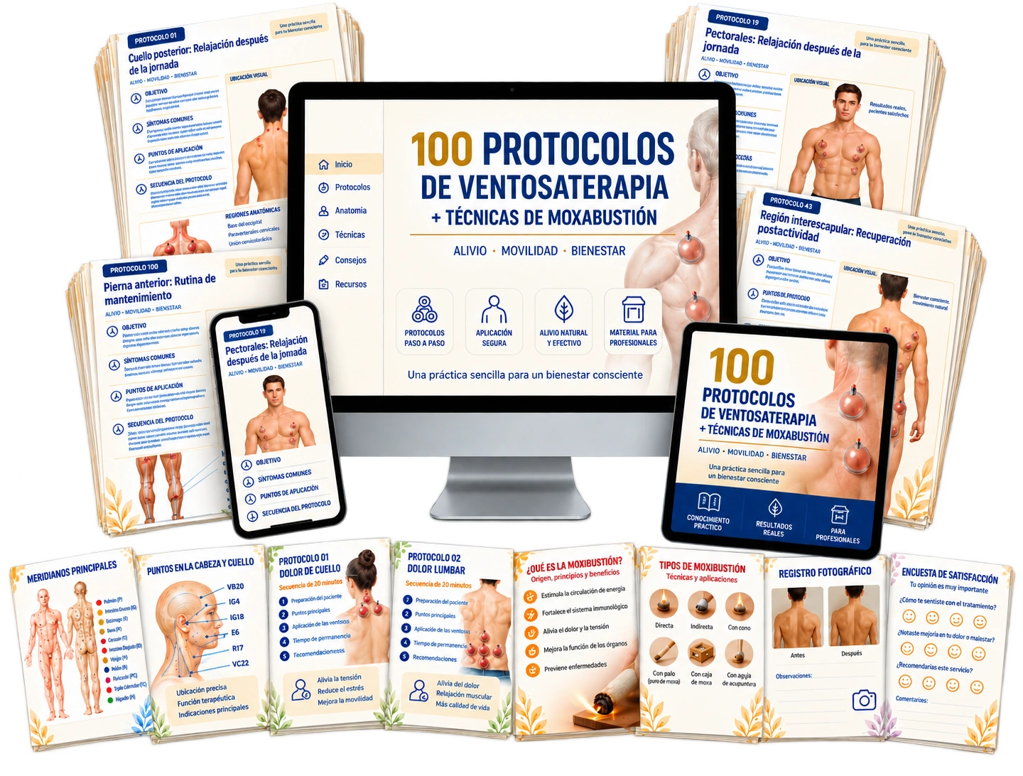 Portada del manual 100 protocolos de terapia de ventosas y técnicas de moxibustión